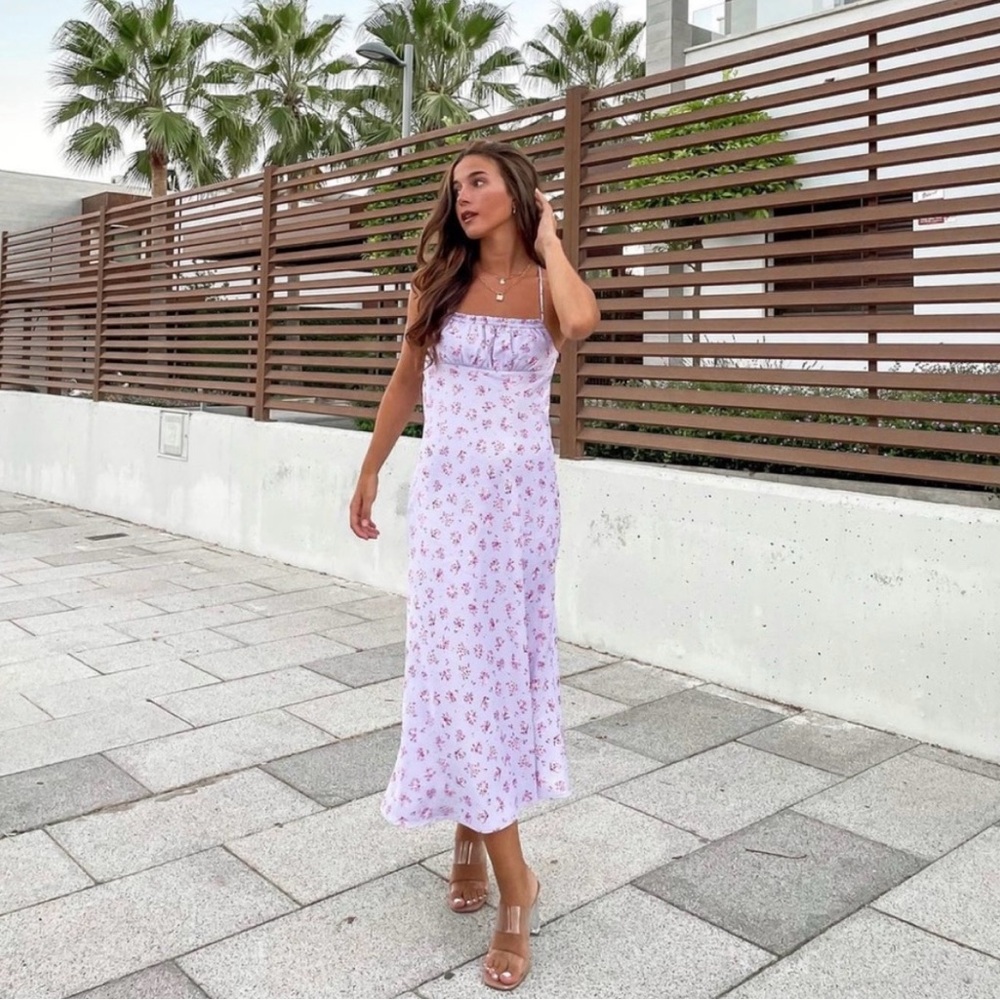 Zara Lilac Floral Satin Slip Midi Dress Summer Cottagecore Size S